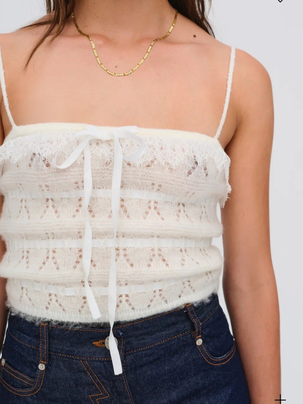 White Lace Knit Spaghetti Strap Tank Top
